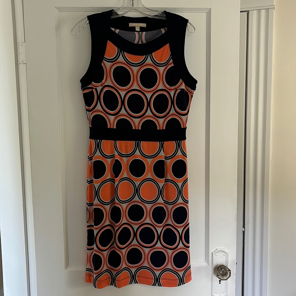 Funky retro print dress navy blue/orange/gray Banana Republic size M